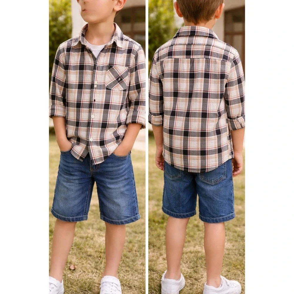 Boys Plaid Button Down Shirt Black Tan White Long Sleeve Size M 7-8